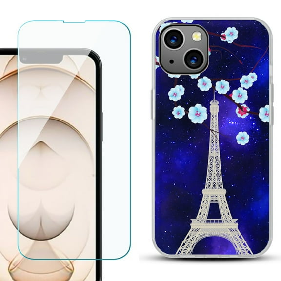 Slim-Fit Flexible TPU Gel Phone Case for iPhone 13, with Tempered Glass Screen Protector, by OneToughShield ® - Eiffel Tower Stars