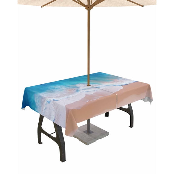 Fsddascl Blue Coastal Outdoor Tablecloth - 60x102 Inch Rectangle Dining Table Cover, Summer Beach Seaside Ocean Nautical Waterproof Outdoor Table Cloth with Umbrella Hole & Zipper for Picnic/Patio