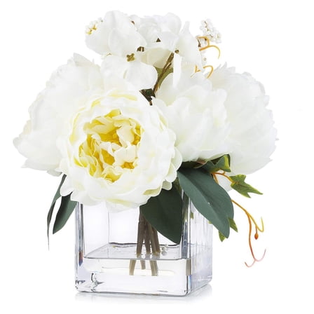 Mixed Artificial Silk Flower Arrangement in Clear Glass Vase with Faux Water