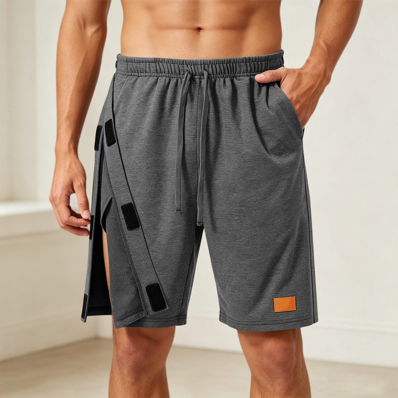 Umfun Side Snap Button Split Hem Athletic Shorts for Men with