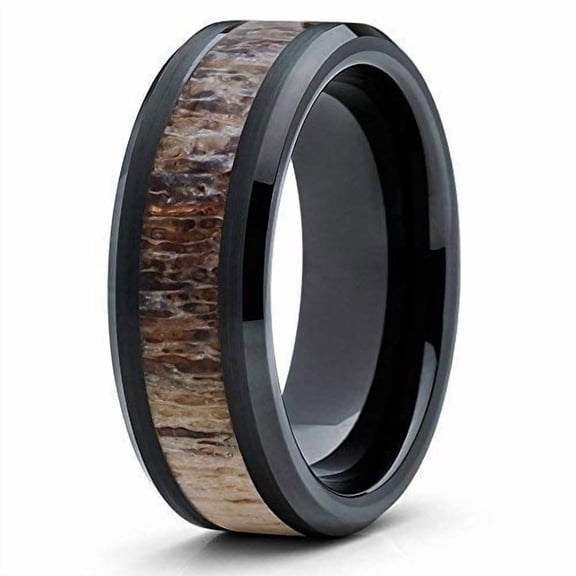 Silly Kings 8mm Black Tungsten Carbide Wedding Band Deer Antler Ring Design Comfort Fit