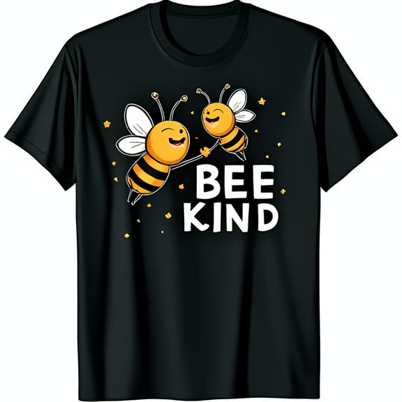 Bee Kind Black T-Shirt with Cute Cartoon Graphic & Stars