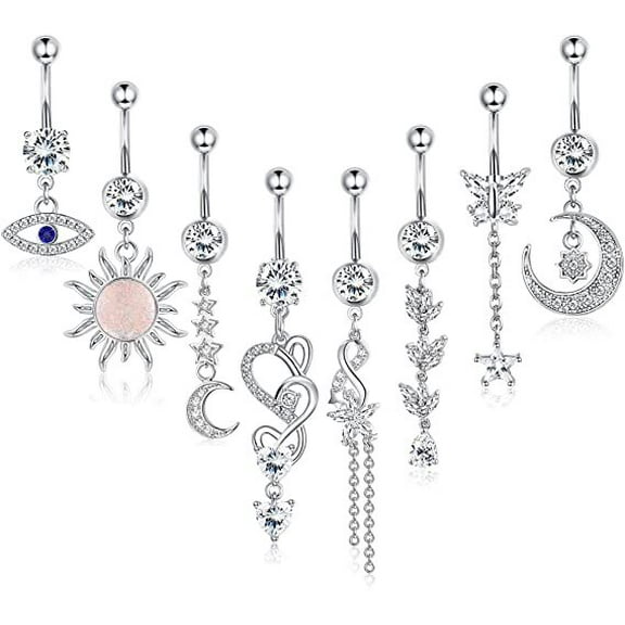DizeyBoyo 8Pcs Stainless Steel Dangle Belly Button Rings for Women Evil Eye CZ Navel Rings Barbell CZ Body Piercing Jewelry 14G