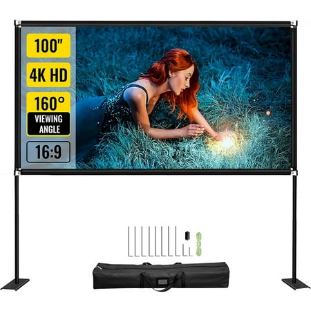 VEVORbrand Projector Screen w/ Stand 100 inch Portable Movie Screen 16:9 HD Wide Angle Outdoor Projector Screen  Front & Rear Projection  w/ Storage Bag & Stand for Both Indoor and Outdoor Using
