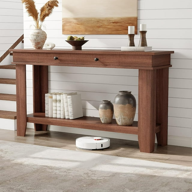 Rustic Gray Farmhouse Console Table – 54" Wooden Entryway Table with 2 Drawers & Open Shelf, Narrow Sofa Table for Hallway, Living Room, Foyer