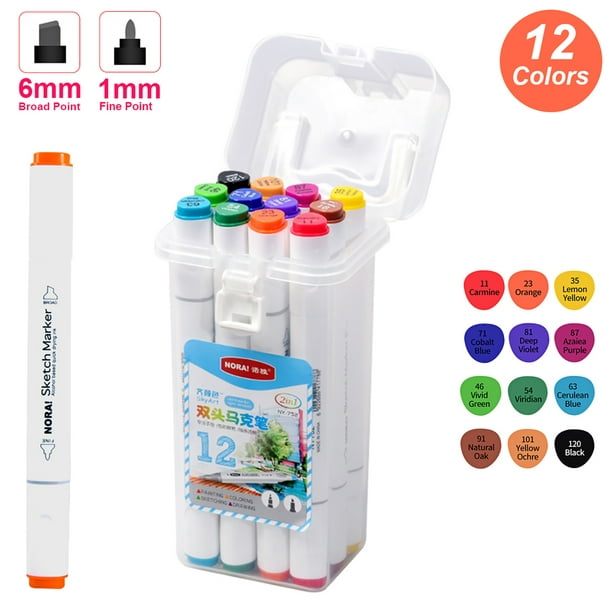 Marker Pen, 12 Colors Art Markers Set Dual Heads Broad Fine Point Alcohol  Based Marker Pens with PP Storage Box for Children Students Adults 