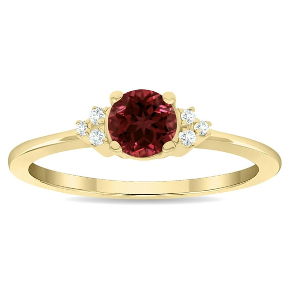 SZUL Women's Round Shaped Garnet and Diamond Half Moon Ring in 10K Yellow Gold
