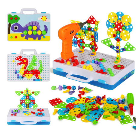 224 Pieces Trendy Bits Creative Mosaic Drill Set for Kids, DIY Drill Puzzle Educational Toys, STEM Engineering Building Blocks Learning Kit, Tested for Children's Safety