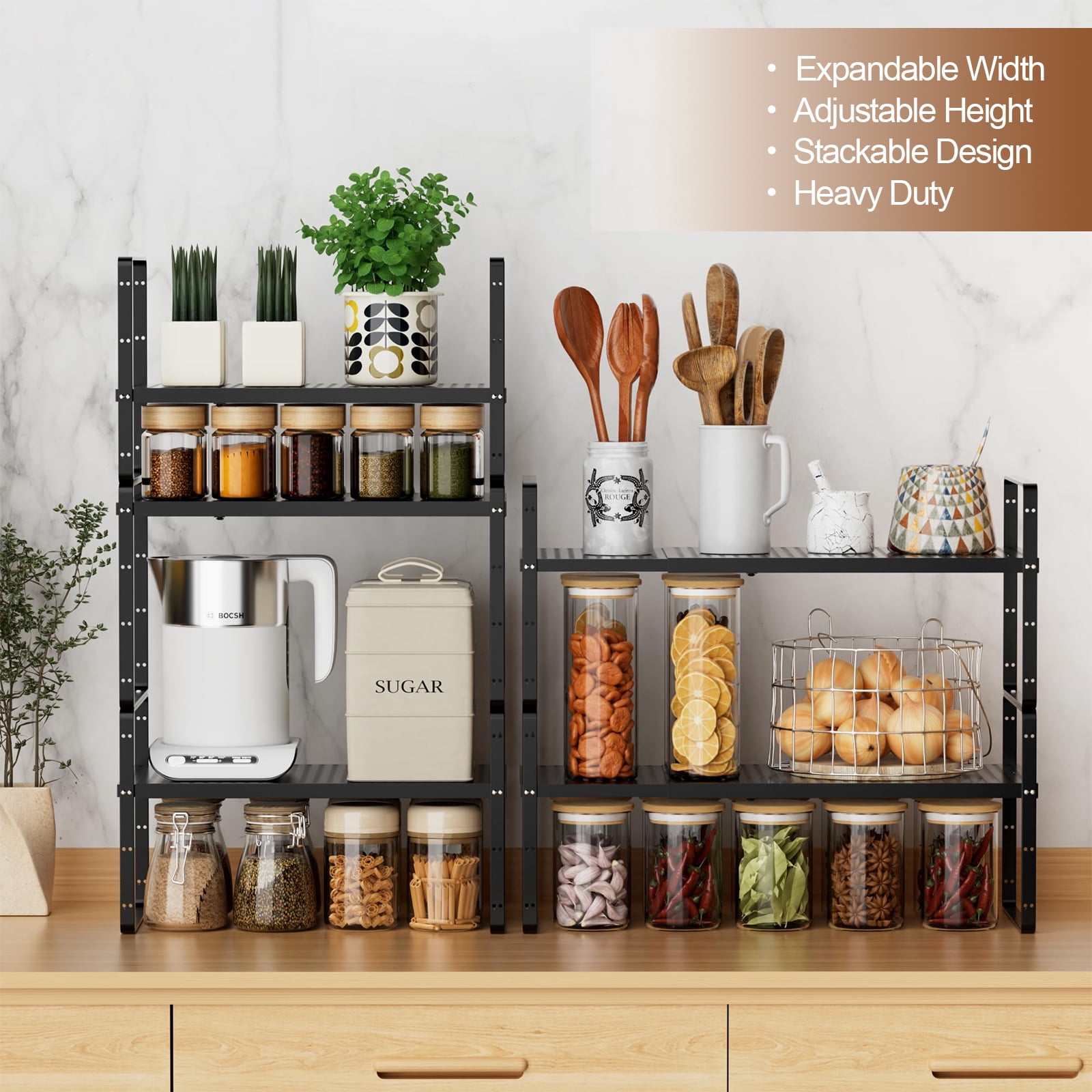 Expandable Cabinet Organizer Shelf, Stackable Shelf Riser for Kitchen Pantry Desk Cupboard Tabletop Countertop Home Office, Heavy Duty, Black Large 1 Pack