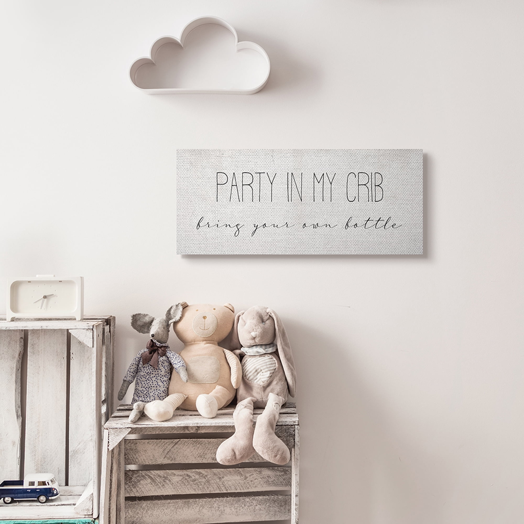 Stupell Industries Party in Crib Quote BYOB Baby Bottle Humor Canvas Wall Art, 10 x 24, Design by Daphne Polselli