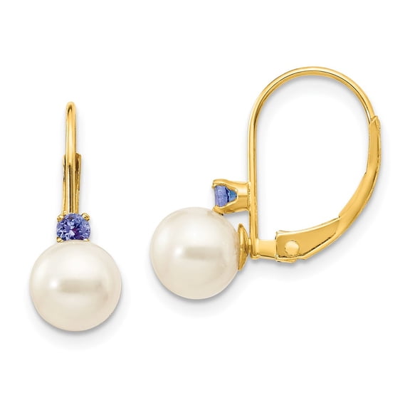 FB Jewels 14K Yellow Gold 6-6.5mm White Round FW Cultured Pearl Tanzanite Leverback Earrings