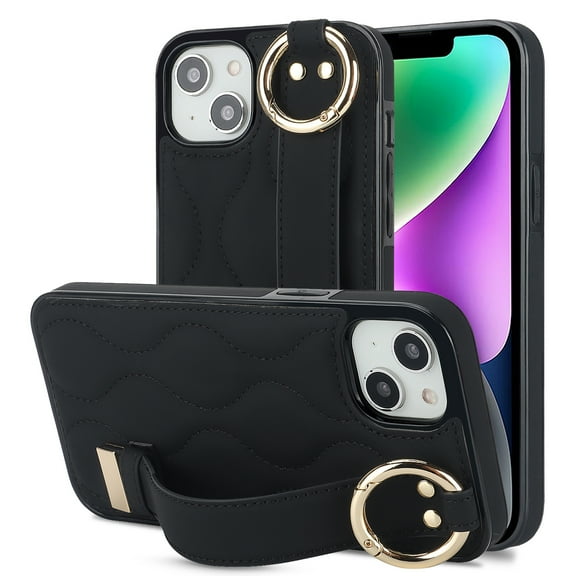 Allytechgroup 2024 New Trendy Back Case Cover for Apple iPhone 15, Premium PU Leather Luxury Design with Ring Holder Stand Bracket Bumper Shockproof Phone Case for Girls Women, Black