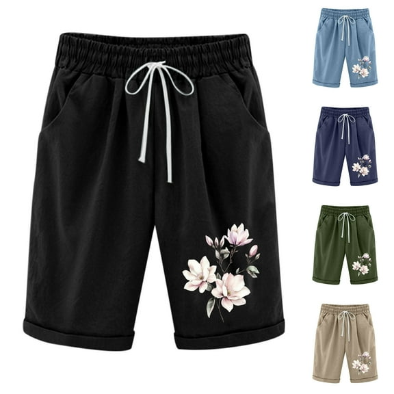 Ofertas Flash! lcziwo Womens Summer Vacation Shorts Drawstring Knee Length Athletic Shorts Floral Print Casual Beach Shorts with Pockets Army Green XL
