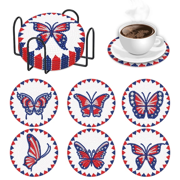6pcs DIY Diamond Painting Coaster Kit with Colorful Butterfly Design and Stand, Perfect for Home Decor and Gift Giving