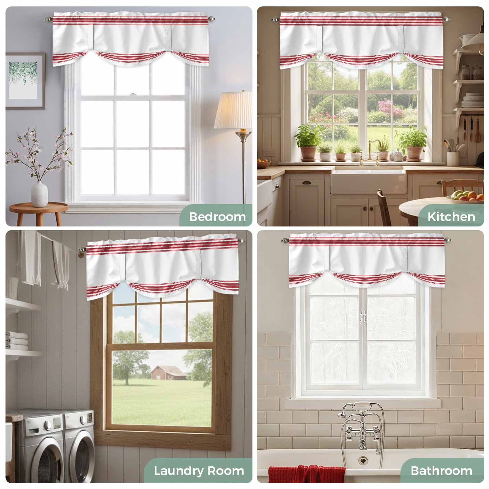 Farmhouse Red Tie Up Valances Curtain, Adjustable Kitchen Stripes Decoration Valances for Windows Decor, Rod Pocket Short Curtains Set for Bedroom/Bathroom, 60"x18"