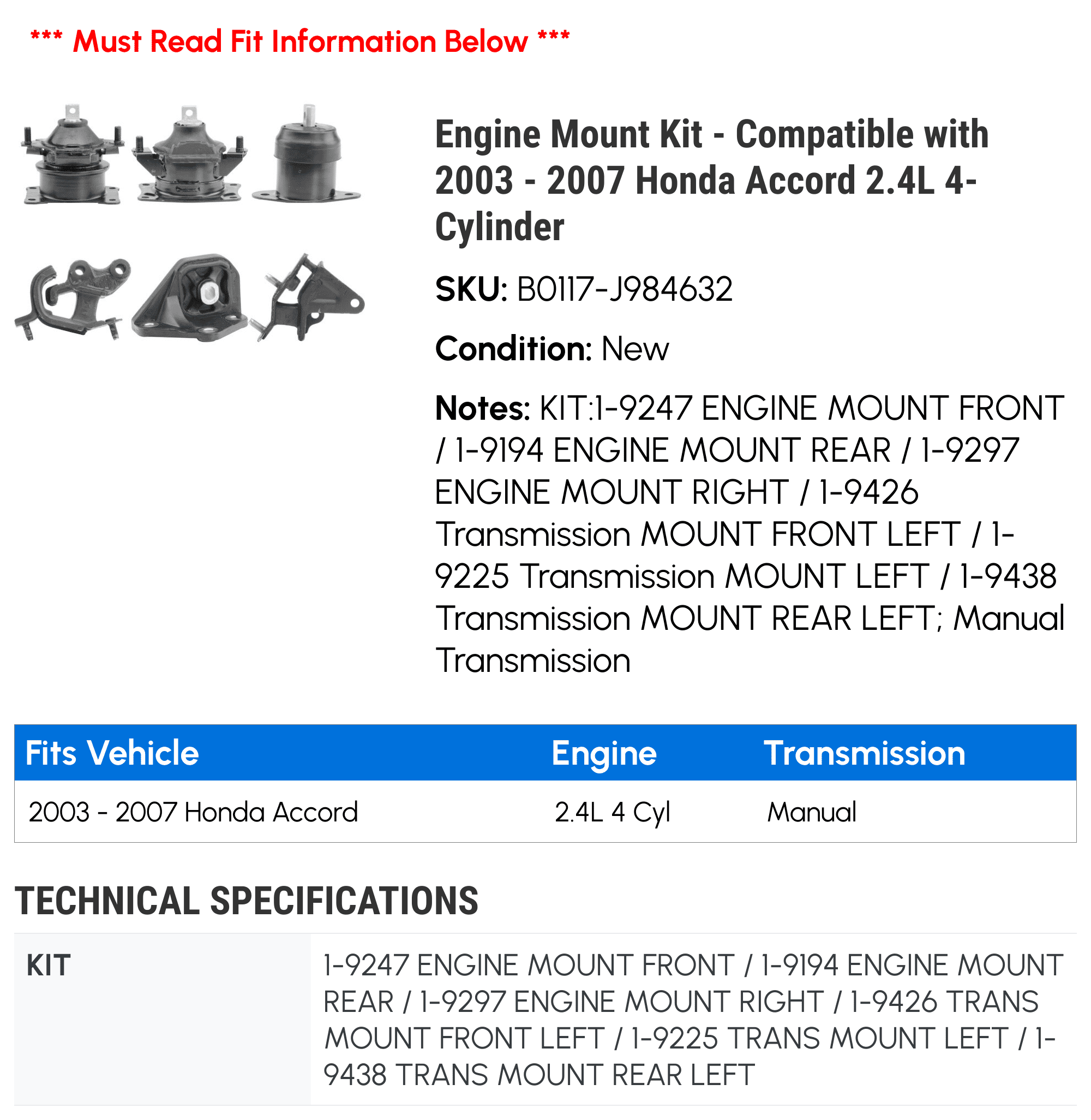 Engine Mount Kit - Compatible with 2003 - 2007 Honda Accord 2.4L 4-Cylinder 2004 2005 2006