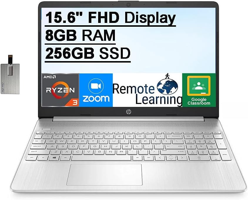 HP Ordinateur Portable avec Écran FHD de 15,6 Pouces, Processeur AMD Ryzen 3-3250U (Surpasse Intel i5-1035G1), 8 Go de RAM DDR4, SSD de 256 Go, Graphiques AMD Radeon, Caméra Web HD, HDMI, Win 10S, Argent, Carte USB Hotface de 32 Go