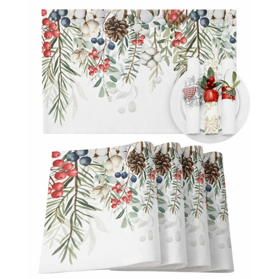 Winter Christmas Placemats Set of 6 Pine Leaves Berries Hazelnuts Cotton Heat Insulation Washable Place Mats, Rustic Non-Slip Table Mats for Dining Table Party Kitchen Decor,13x19 Inch