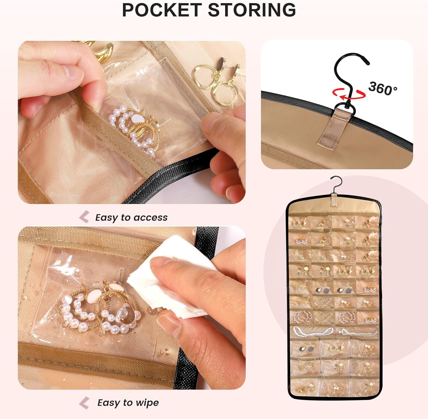Hanging Jewelry Organizer Storage Roll with Hanger Metal Hooks Double-Sided Jewelry Holder for Earrings Necklaces Rings on Closet Wall Door, 1 piece