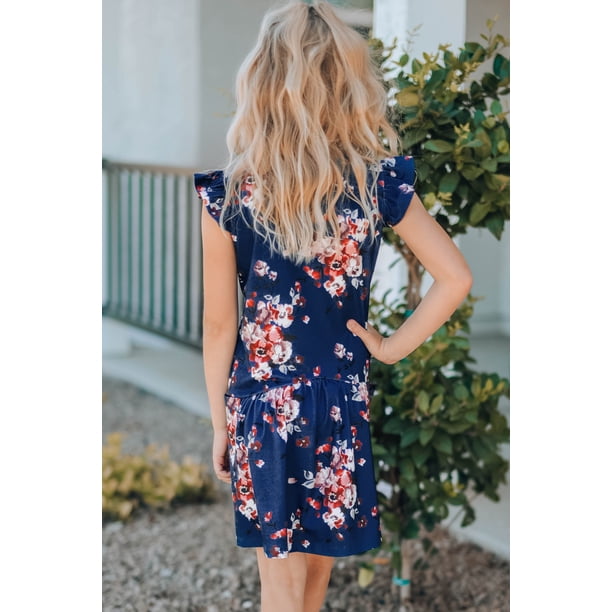 ABPHQTO Mini vestido de niña de manga corta con volantes y bolsillos con estampado floral azul para mujer