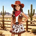 thumbnail image 2 of Ruiwill Little Girls Western Cowgirl Outfit Set Summer Stretchy V Neck Sleeveless Graphic Print Skirt Vest Hat Bandana 4Pcs Set School Casual Girls Clothing Set Size 7-8 Years Brown, 2 of 7