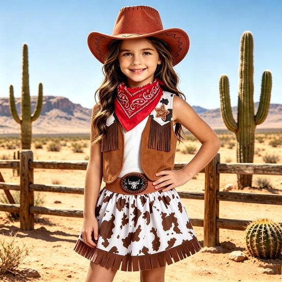 FASHOFT Girls Outfits Set Cowgirl Set Western Vest Denim Skirt Scarf Hat 4 Piece Girls Western Cowboy Denim Outfit Sets Brown 7-8 Years