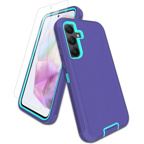 for Samsung Galaxy A35-5G Case, with Screen Protector, Port Protection, Full-Body Non-Slip Silicone Rubber Covered, 3-Layer Heavy Duty Drop-Proof Cover Phone Case, Dark Purple