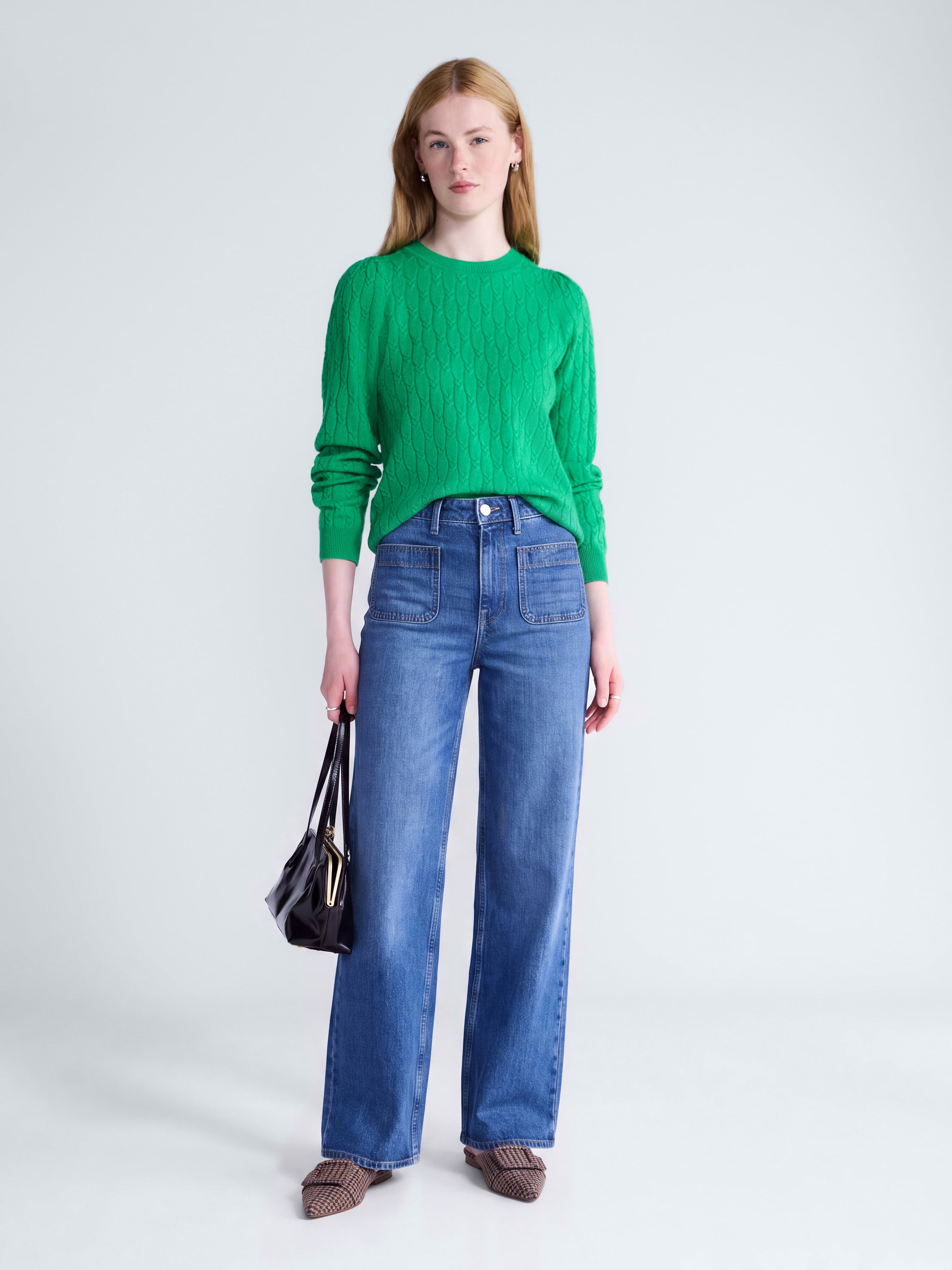 Free Assembly Women's and Women's Plus Cashmere Cable Knit Sweater with Puff Sleeves, Midweight, Sizes XS-4X