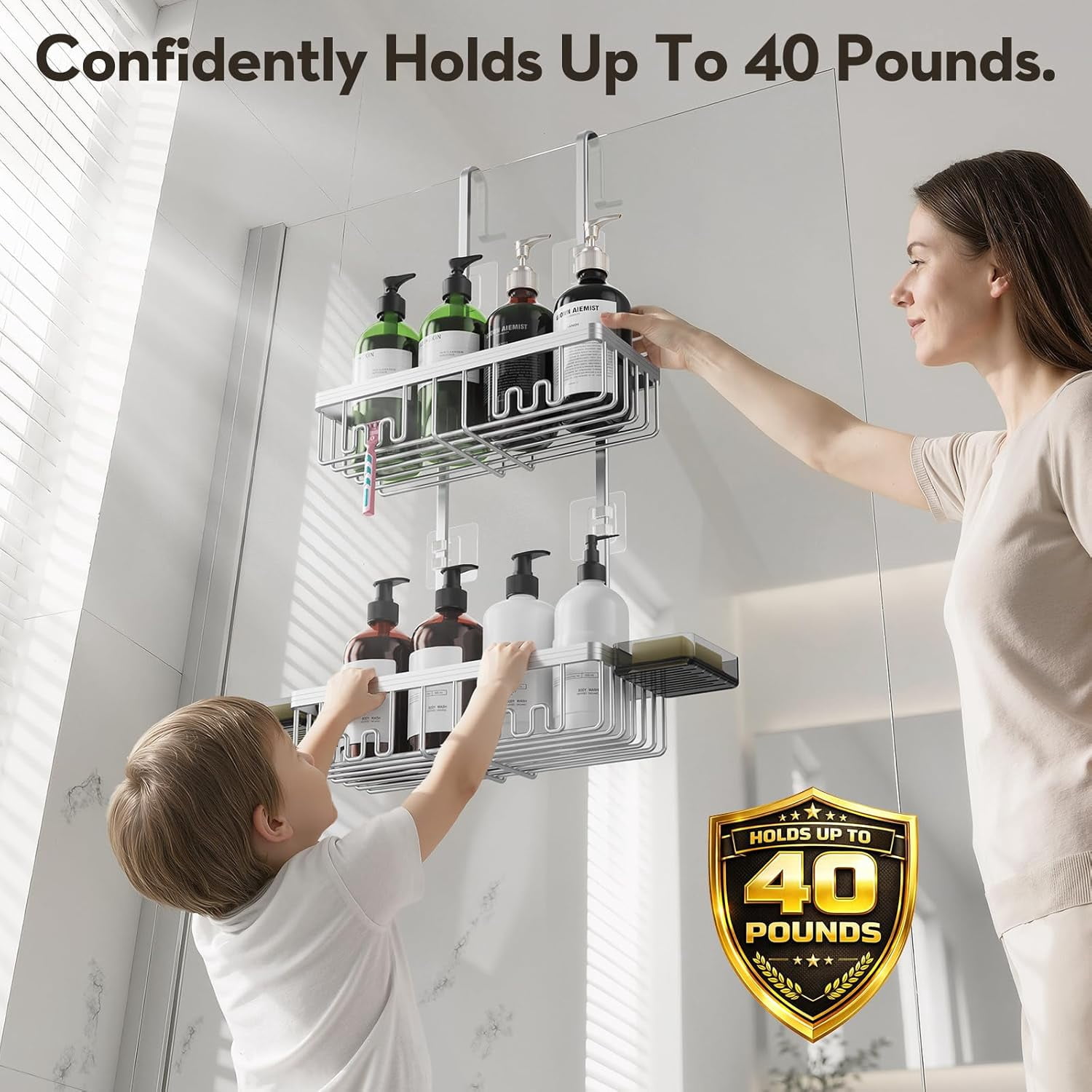Over the Door Shower Caddy Hanging With Double Soap Holder Never Rust Hanging Shower Caddy With 4 Hooks Hanging Bathroom Organizer No Drilling Shelves for Bathroom Storage Silver