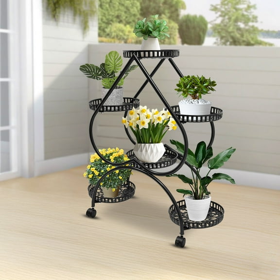Shzicmy Heart-Shaped 4-Tier Flower Pot Stand with Wheels for Indoor & Outdoor Use