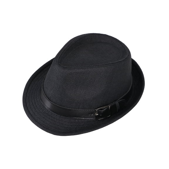 Panama Style Fedora Straw Sun Hat with Leather Belt,Black LXL