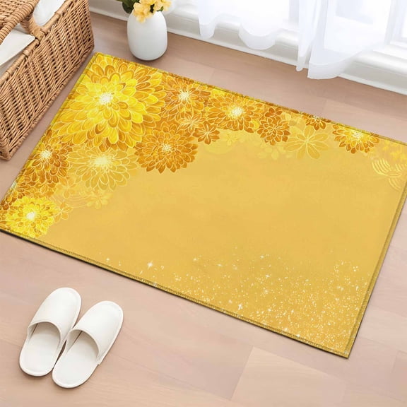 Yellow Golden Floral Entryway Rug 2'x3'  Non Slip Front Door Mats, Spring Summer Shiny Flowers Entrance Rugs Indoor Outdoor Carpet, Washable Floor Mats Small Area Rug for Bedroom Kitchen