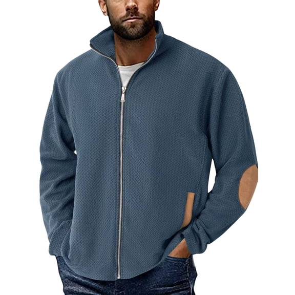Lmnyox Zip Up Jacket for Men Casual Fashion Long Sleeve Stand Collar Jacket Solid Classic Texture Jacket