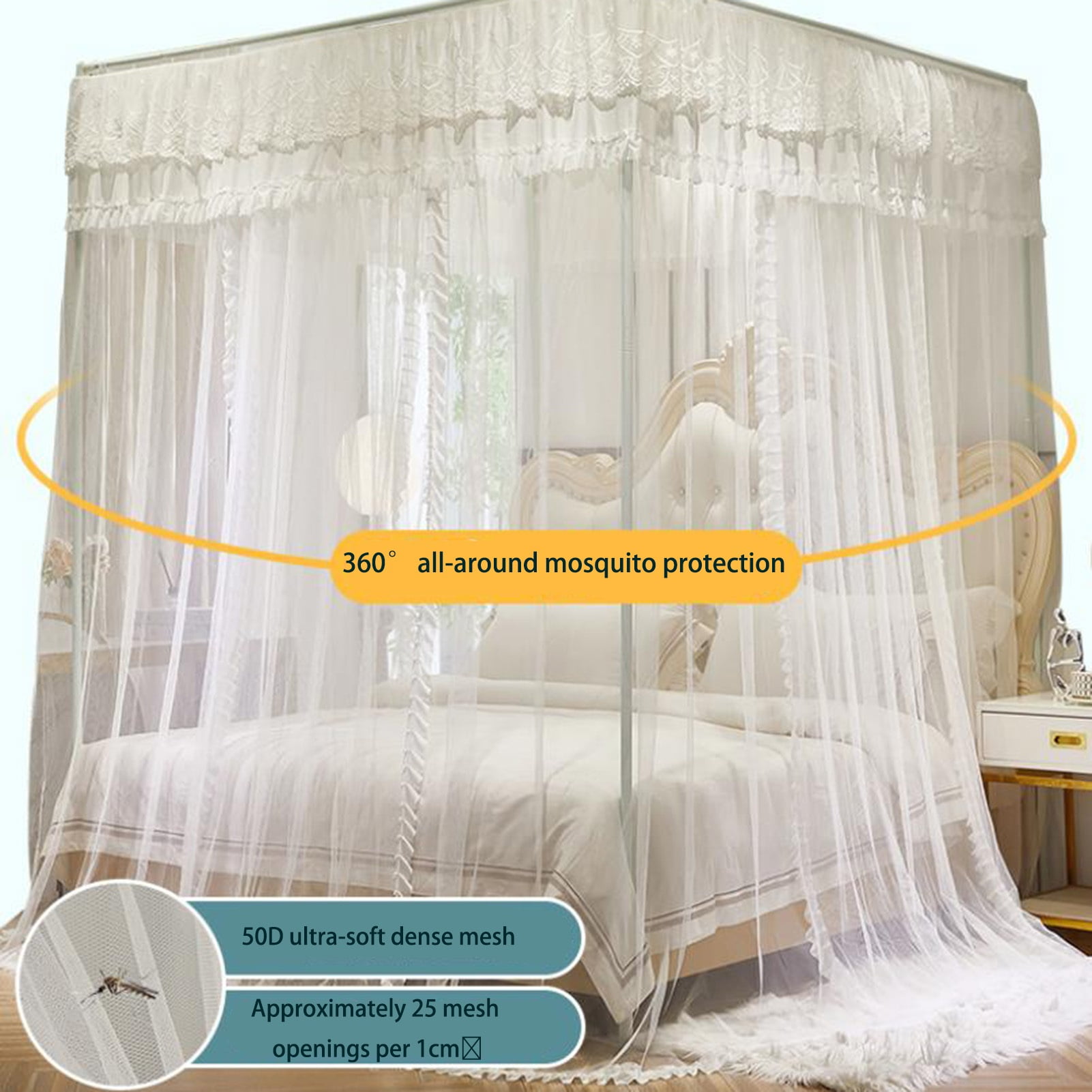 Bed Canopy Net, Corner Post Curtains, Bedroom Decor Bed Curtains Mosquito Net,Four Poster Design, with Frame for Girls