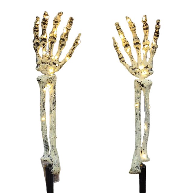 Decoraciones al aire libre de Halloween, estacas de brazos de esqueleto iluminadas, luces blancas cálidas, estaca de patio impermeable con pilas con temporizador ER