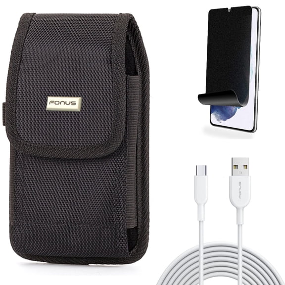 For Samsung Galaxy S21 (6.2") - Holster Rugged Case Belt Clip   Fast Charger Type-C 6ft USB-C Cable   [Fingerprint Works] TPU Film Privacy Screen Protector
