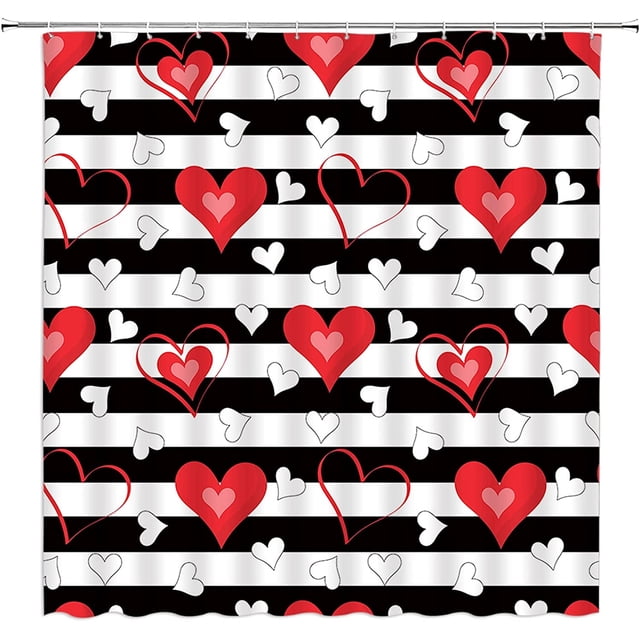 Cortina de ducha para el día de San Valentín con diseño de corazón rojo, negro, blanco, geométrico, a rayas, dulce amor, pareja romántica, mujer y niña, cortina de baño con ganchos