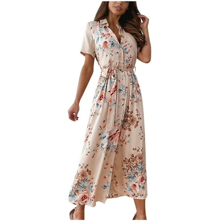 

Maternity Dress Womens Dresses Women s Summer Leisure V-Neck Lapel Irregular Print Slim Fit Boho Split Short Sleeve Dress Prom Dresses for Women Girls Dresses Savings Clearance Deals Beige 2XL