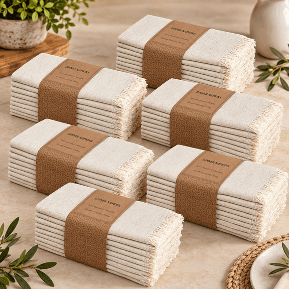 Bedding Craft Linen Cloth Dinner Napkins, Fringed Corners, Machine Washable, Natural, Set of 72, 18 x 18 inch