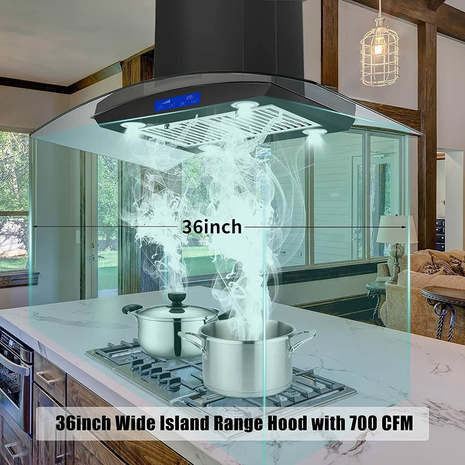 Joeaonz 36" Stainless Steel Island Range Hood with Powerful Motor, Quiet Exhaust Vent, LED Lighting, Touch Panel