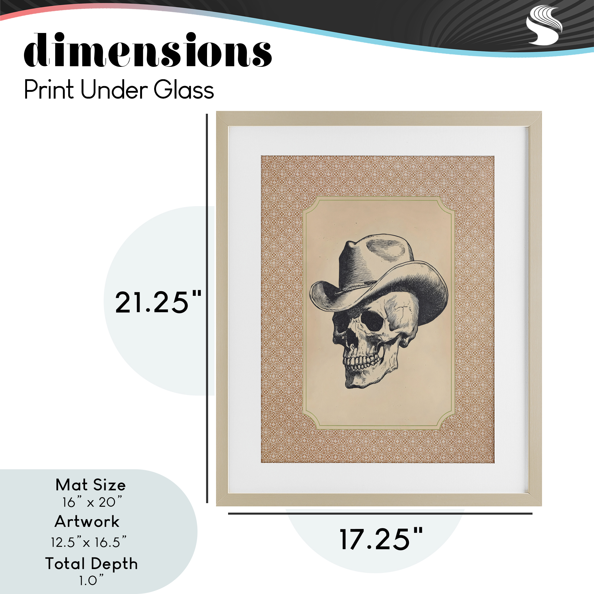Vintage Cowboy Skull Birch Framed Print Under Glass, design by Arlington Prints