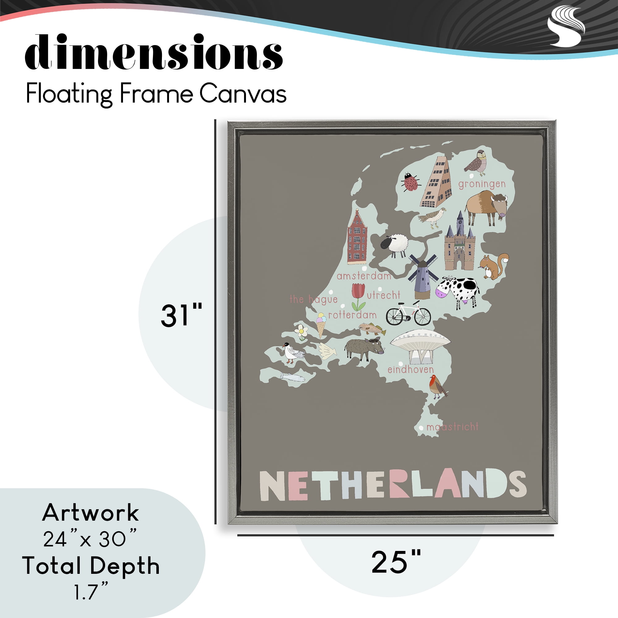 Kid's Map of Netherlands Gray Framed Floater Canvas Wall Art, design by Carla Daly