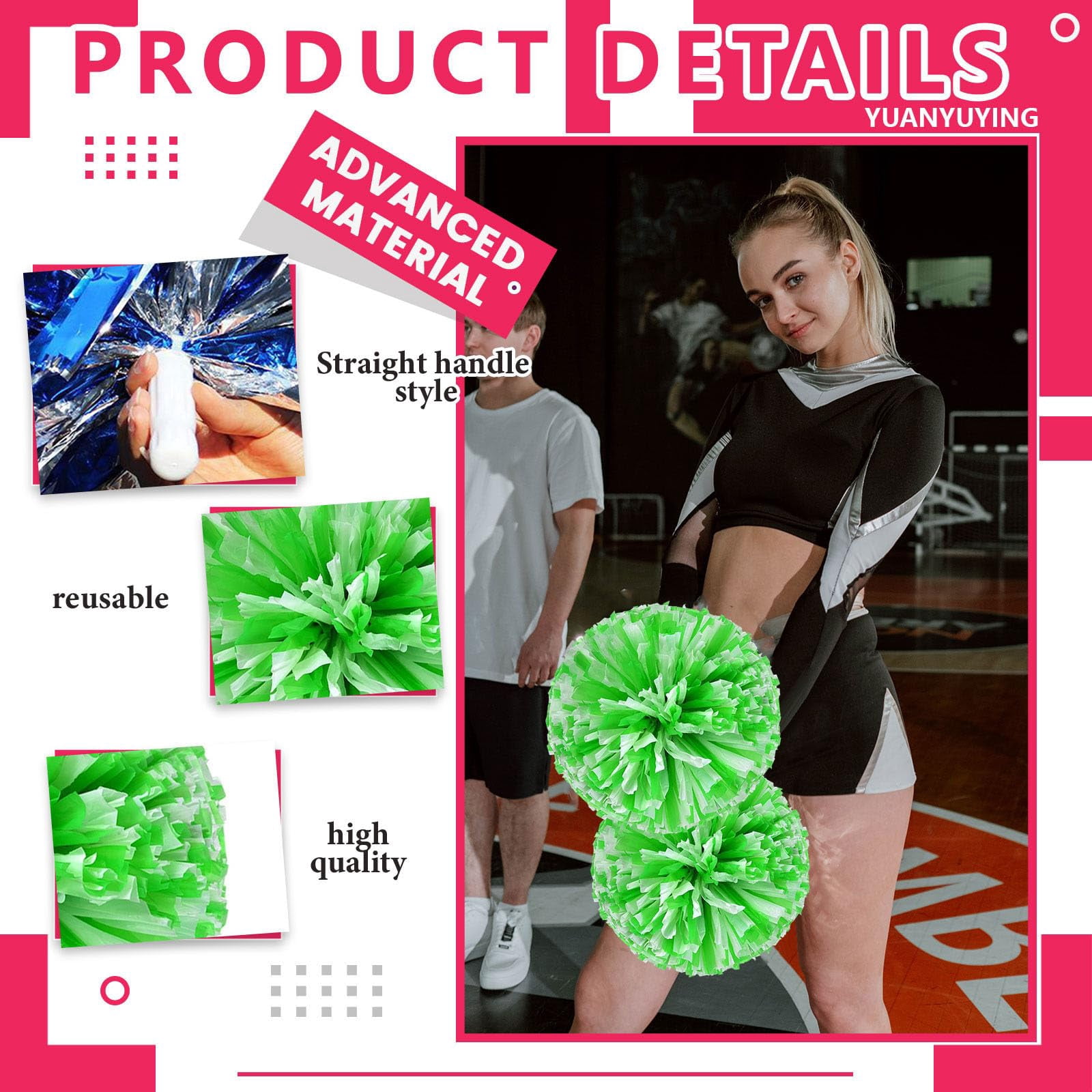 12 Pcs Cheerleading Pom Poms, Cheerleader Pompoms with Straight Handle Style,Fit for Team Spirit Sports Dance Cheering