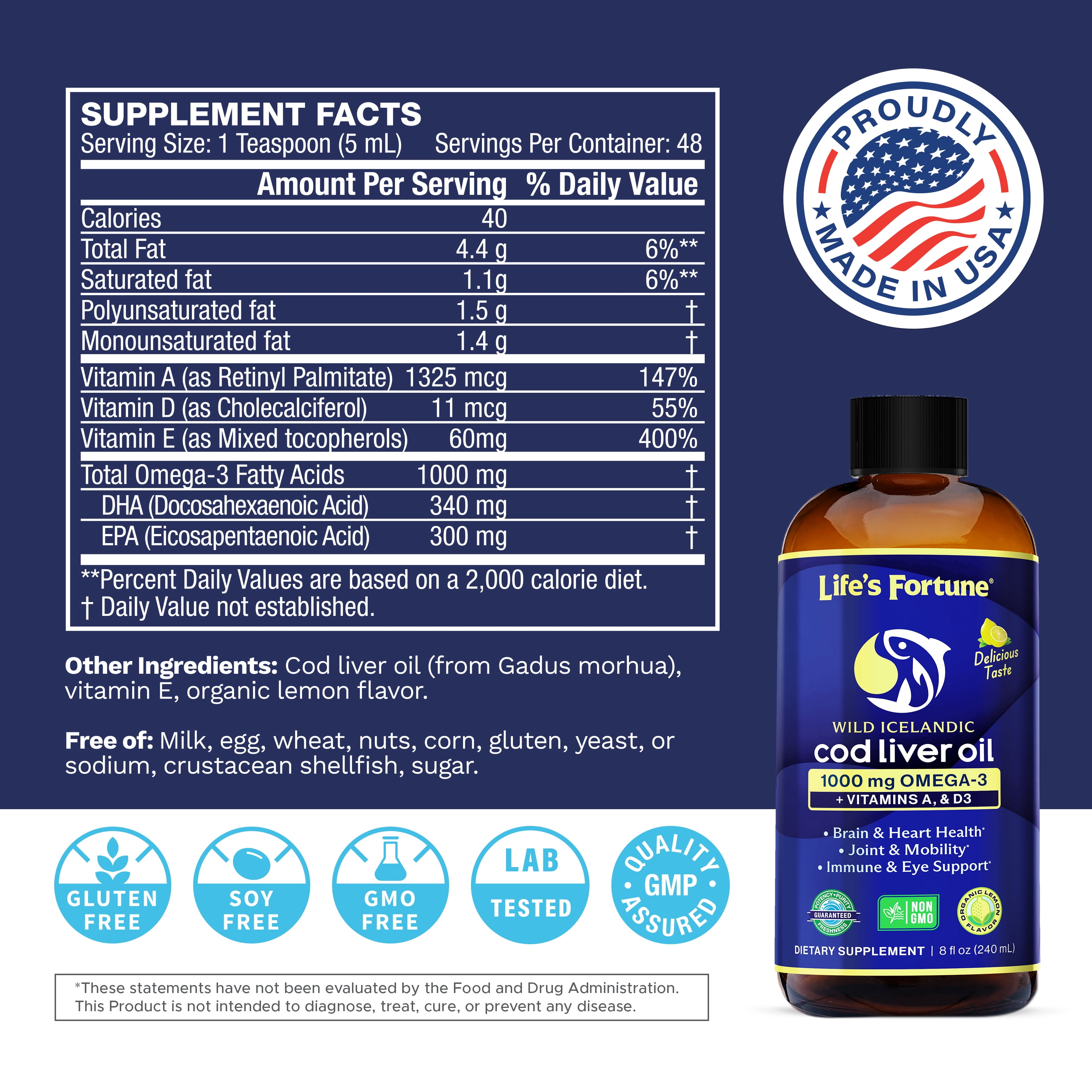 Life's Fortune Cod Liver Oil Liquid Organic Lemon Flavor, Fish Oil Supplement, 8 oz, 1000 mg