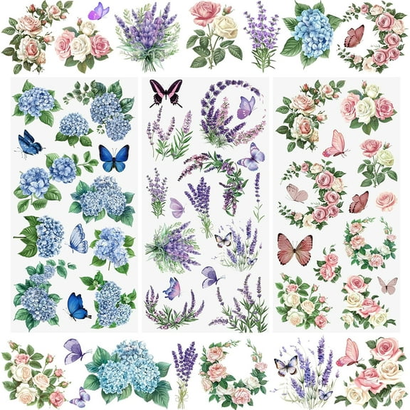 3 Sheets Rub On Transfer Sticker, Butterfly Floral Stickers Waterproof Transfer Decals for DIY Scrapbooking Photo Albums Furniture,5.9 * 11.8in
