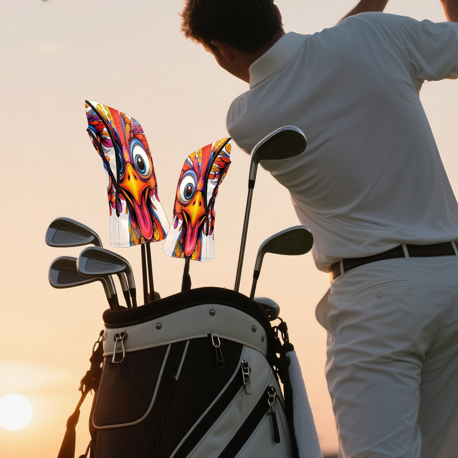 Golf Club Covers, Chicken Premium PU Leather Driver Hybrid Putter Head Covers with Velvet Lining, Waterproof Golf Gifts for Men Women