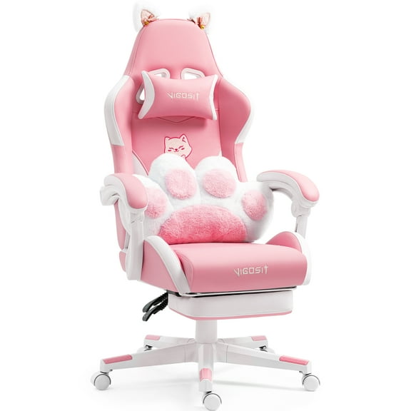 Cat Ear Pink Gaming Chair with Retractable Footrest & Paw Cushion - Ergonomic PC Chair for Girls, Women & Teens