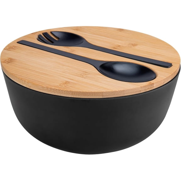 Bamboo Fiber Salad Bowl, Large Bowl with Lid Spoon and Fork, 9.8inches Mixing Servers bamboo wooden salad bowl lid for Fruits Pasta Vegetables