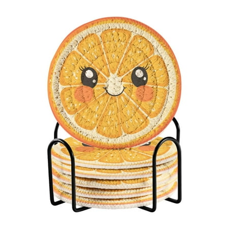 

6 Pcs Drink Coasters with Holder Absorbent Coasters Minimalist Home Decor Coaster Set Stylish Handmade Round Woven Coaster for Drinks Table Desk Protection Cute Orange Slice
