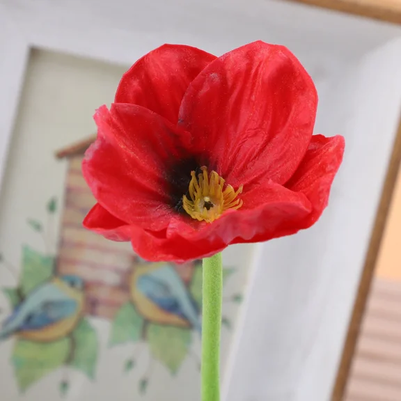 PURELY- Red Artificial Poppy Long Stem Silk Flowers Home Garden Table Bouquet Decoration